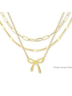 14K Gold Plated Layered Bow Necklace Set for Women